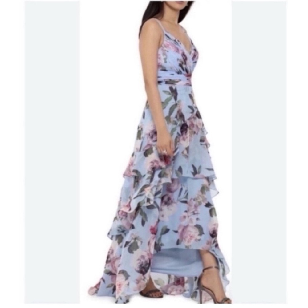 XSCAPE Floral-Print Ruffled High-Low Chiffon Sleeveless Gown Women’s US 10